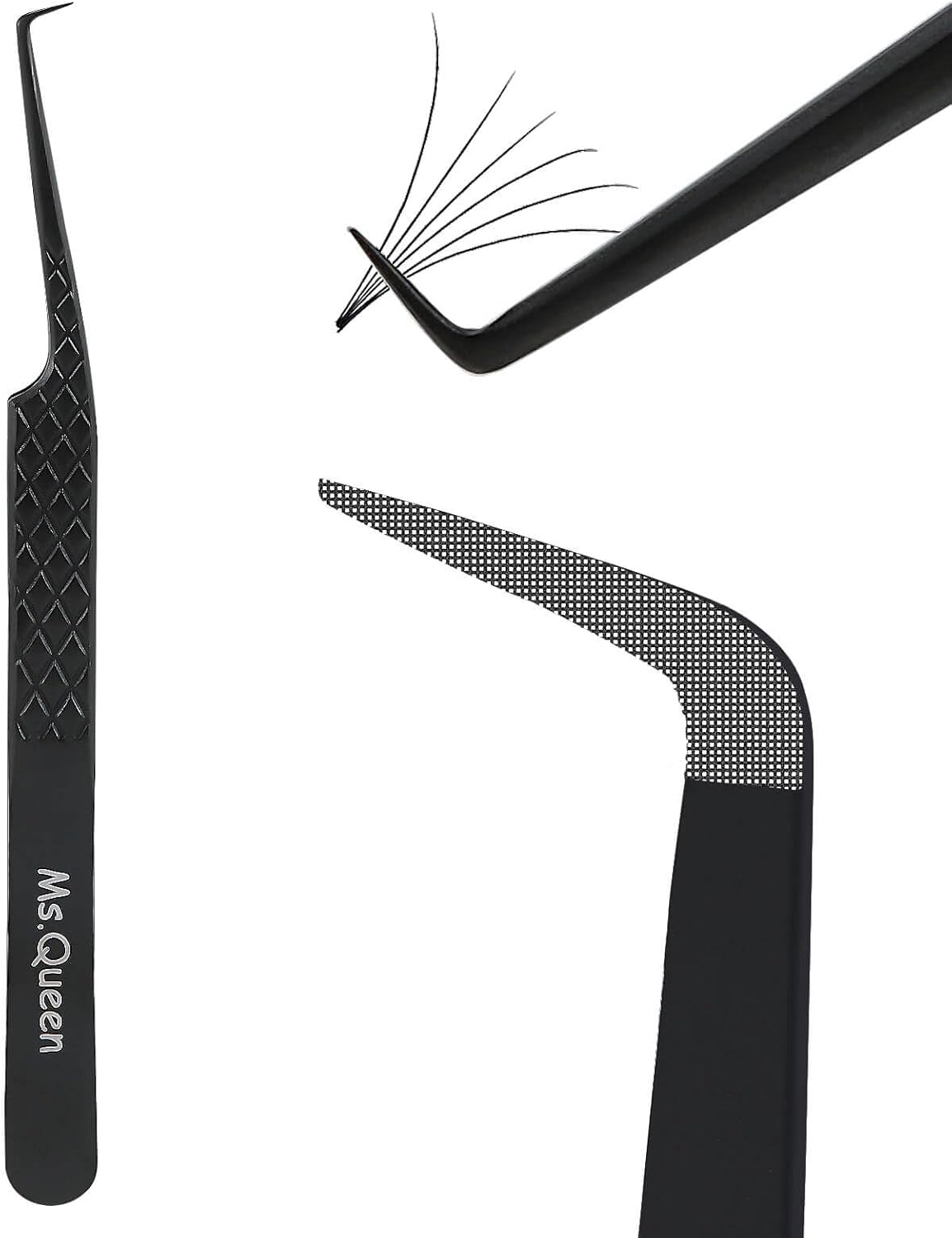 Ms.Queen Fiber Tip Tweezers for Lash Extensions, Precision 90 Degree Eyelash Tweezers for Volume & Classic Lashes,Black
