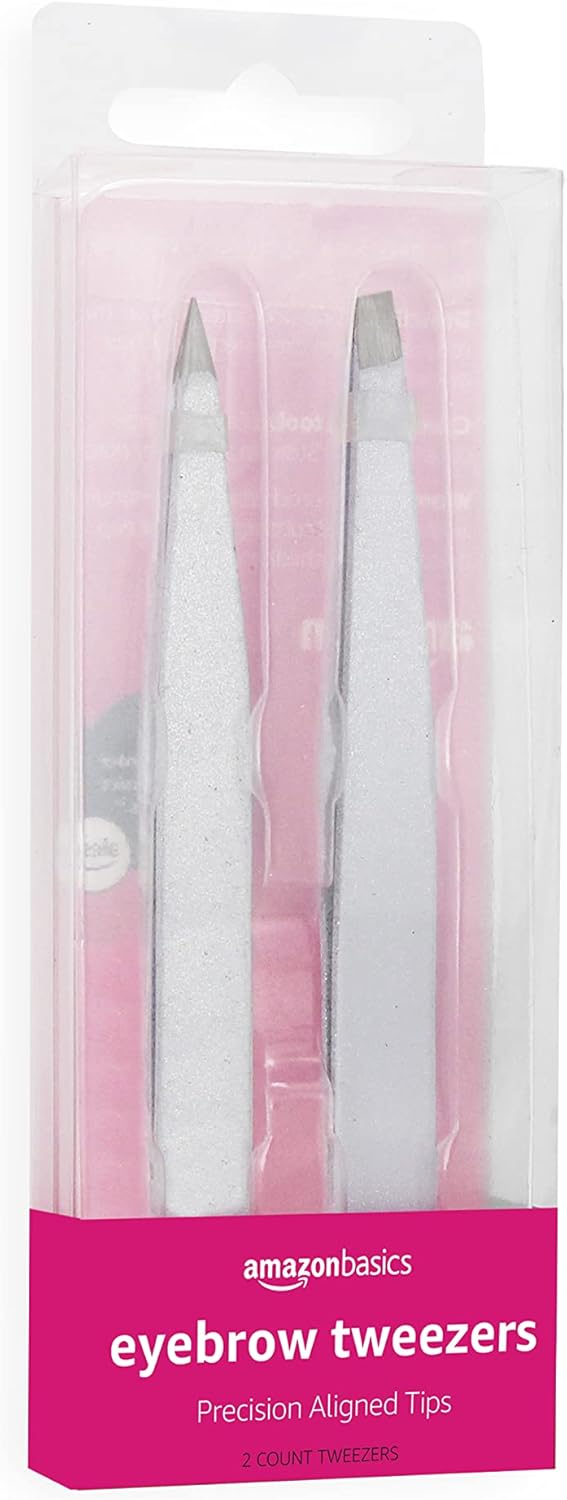 Amazon Basics Eyebrow Tweezers - Stainless Steel, 2 Pack