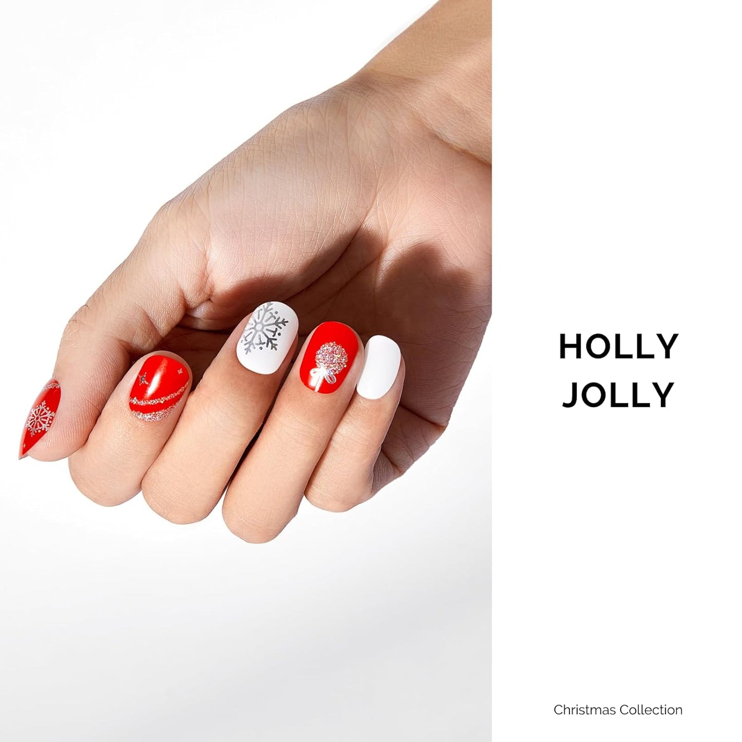 Semi Cured Gel Nail Strips - NAILOG 34 Pcs Gel Nail Stickers for Christmas Day | Buy 2 Get 1 UV Light | Long Lasting Nail Wraps with Glossy Gel Finish Red, Holly Jolly