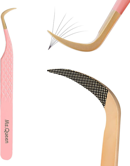 Ms.Queen Lash Tweezers for Eyelash Extensions,Fiber Tip Master Volume Lash Extension Tweezers with Diamond Grip