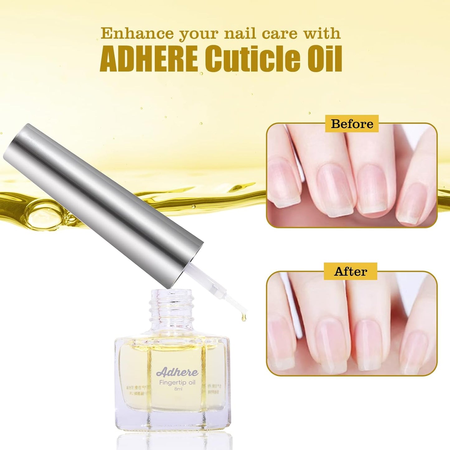 ADHERE Cuticle Oil for Nails Professional Nail Oil 8ML, Jojoba Nail Cuticle Oil Contains Vitamins with Soft Brush, for Nourishing, Hydrating, Dry Rough Nail Care Repair Essential Nail Care