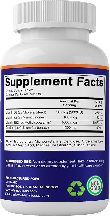 Vitamatic Calcium Supplement 1200mg with D3, K2 & B12, Immune & Bone Health Support - 365 Coated Tablets