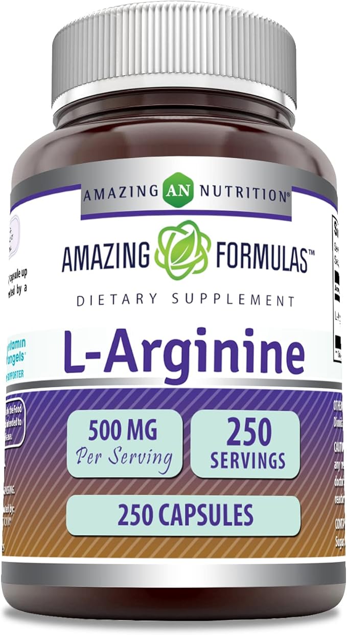 Amazing Formulas L-Arginine Supplement | 500 Mg Per Serving | 250 Capsules | Amino Acid Supplement for Men & Women | Non-GMO | Gluten Free | Made in USA