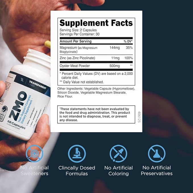 Transparent Labs ZMO - Muscle Builder for Men & Women with Zinc, Magnesium Glycinate, & Oyster Powder for Muscle Recovery - 60 Count