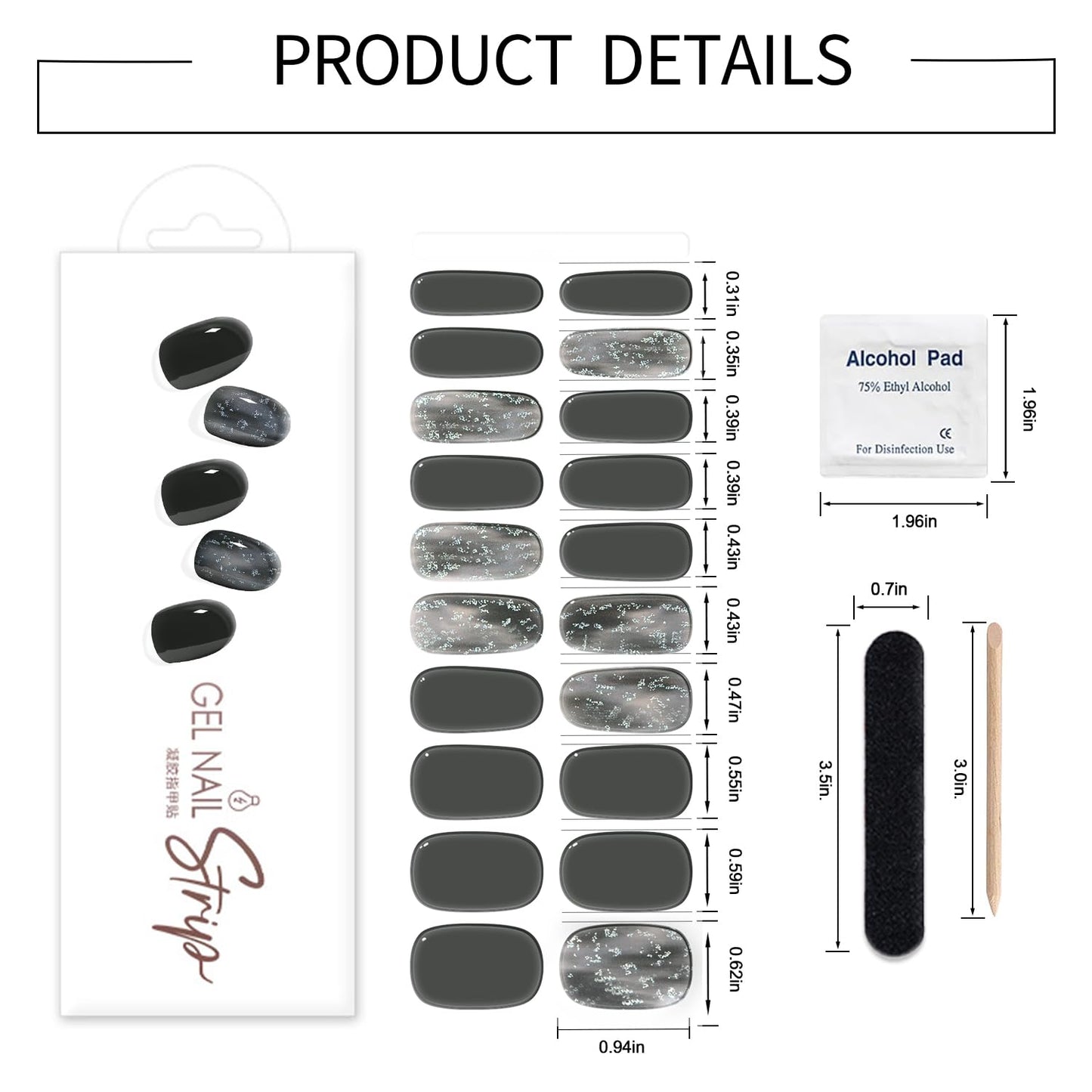 WOKOTO 1 Sheet Semi Cured Gel Nail Strips With Wood Stick, Nail File & Prepared Pads, 20 Tips Black Glitter Semi Cured Nail Polish Strips, Harden With UV Light Gel Nail Wraps Stickers For Women Girls