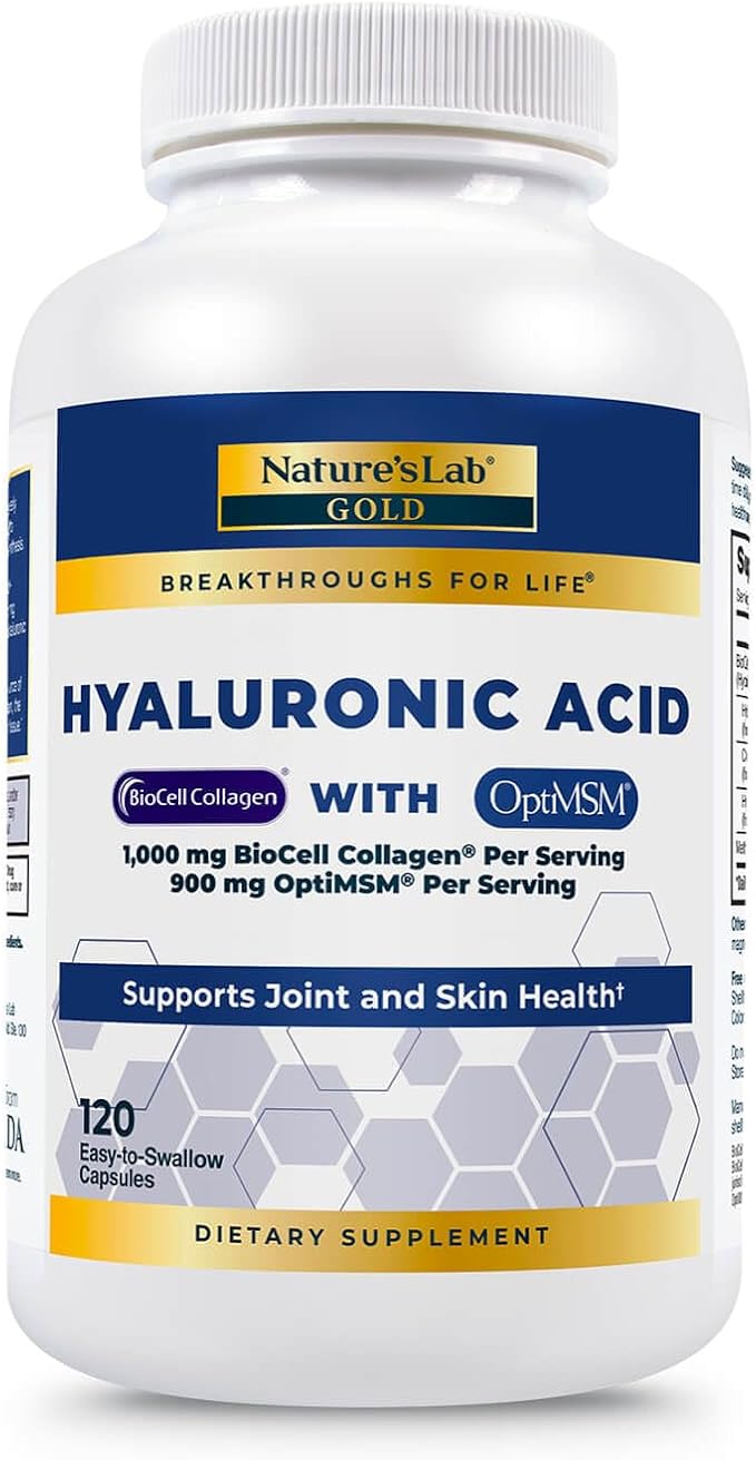 Nature's Lab Hyaluronic Acid with Biocell Collagen and MSM - Skin Hydration, Joint Health - 120 Capsules (40 Day Supply)