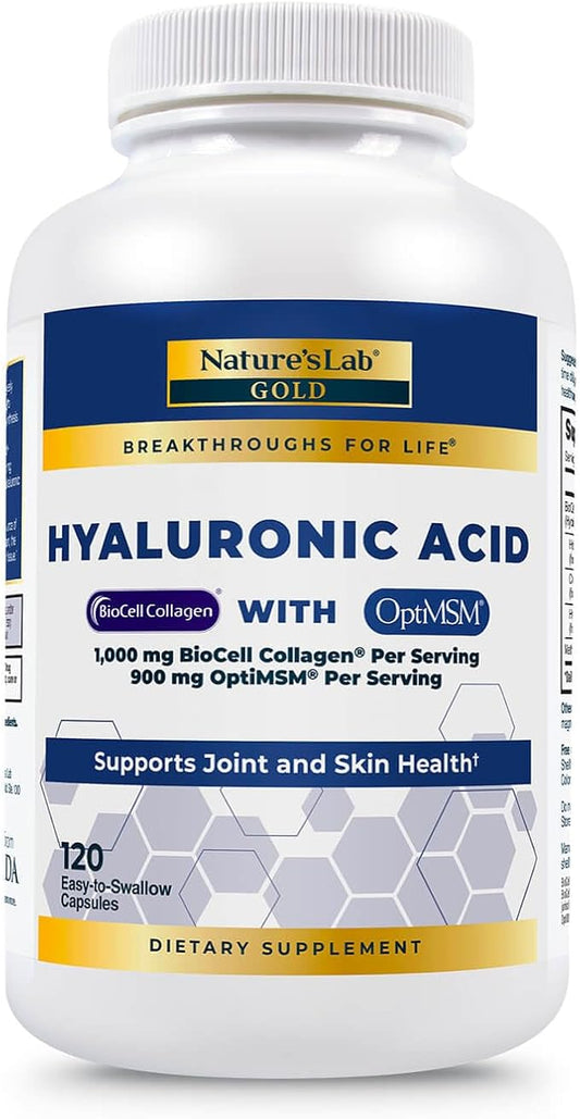Nature's Lab Hyaluronic Acid with Biocell Collagen and MSM - Skin Hydration, Joint Health - 120 Capsules (40 Day Supply)