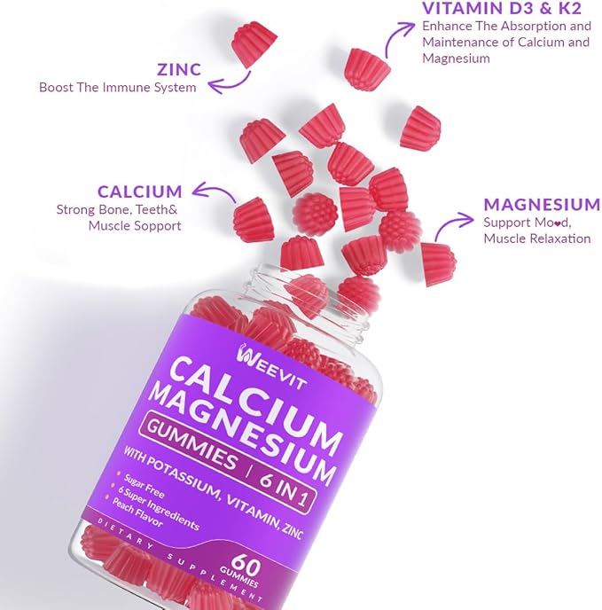 Sugar Free Calcium Gummies Supplement 600mg, Calcium Magnesium Zinc Gummies with Vitamin D3, Potassium, High Absorption Calcium Gummy for Bone, Teeth & Muscle