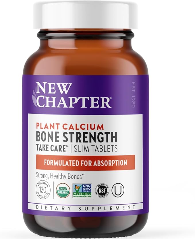 New Chapter Calcium Supplement - Bone Strength Organic Calcium with Magnesium, Vitamin D3+K2, 70+ Trace Minerals for Bone Health, Gluten Free, Easy to Swallow Slim Calcium Tablets - 120 Count