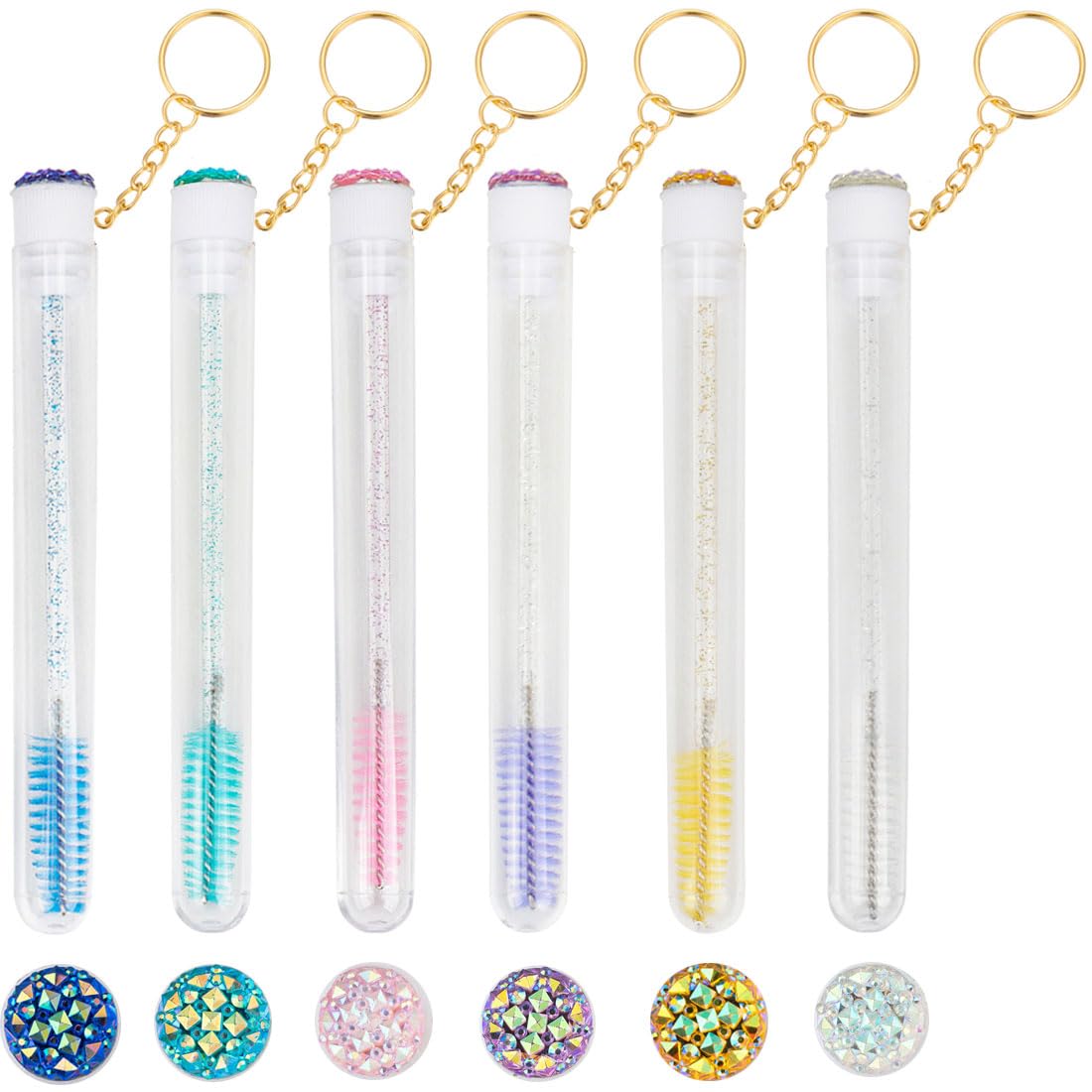 Upgrade 48 Pieces Disposable Mascara Wands Set, Include 24 Pcs Crystal Lash Spoolies Brush and 24 Pcs Reusable Keychain Empty Eyelash Brush Tubes