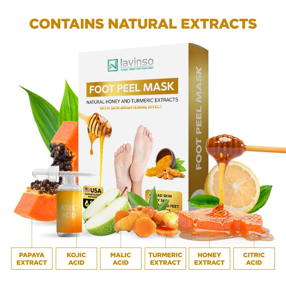 Lavinso Honey Feet Peeling Mask for Dry Cracked Feet - 2 Pack - with Kojic Acid Skin Brightening Effect - Exfoliating Dead Skin and Calluses - Foot Peel Mask for Baby Soft Feet