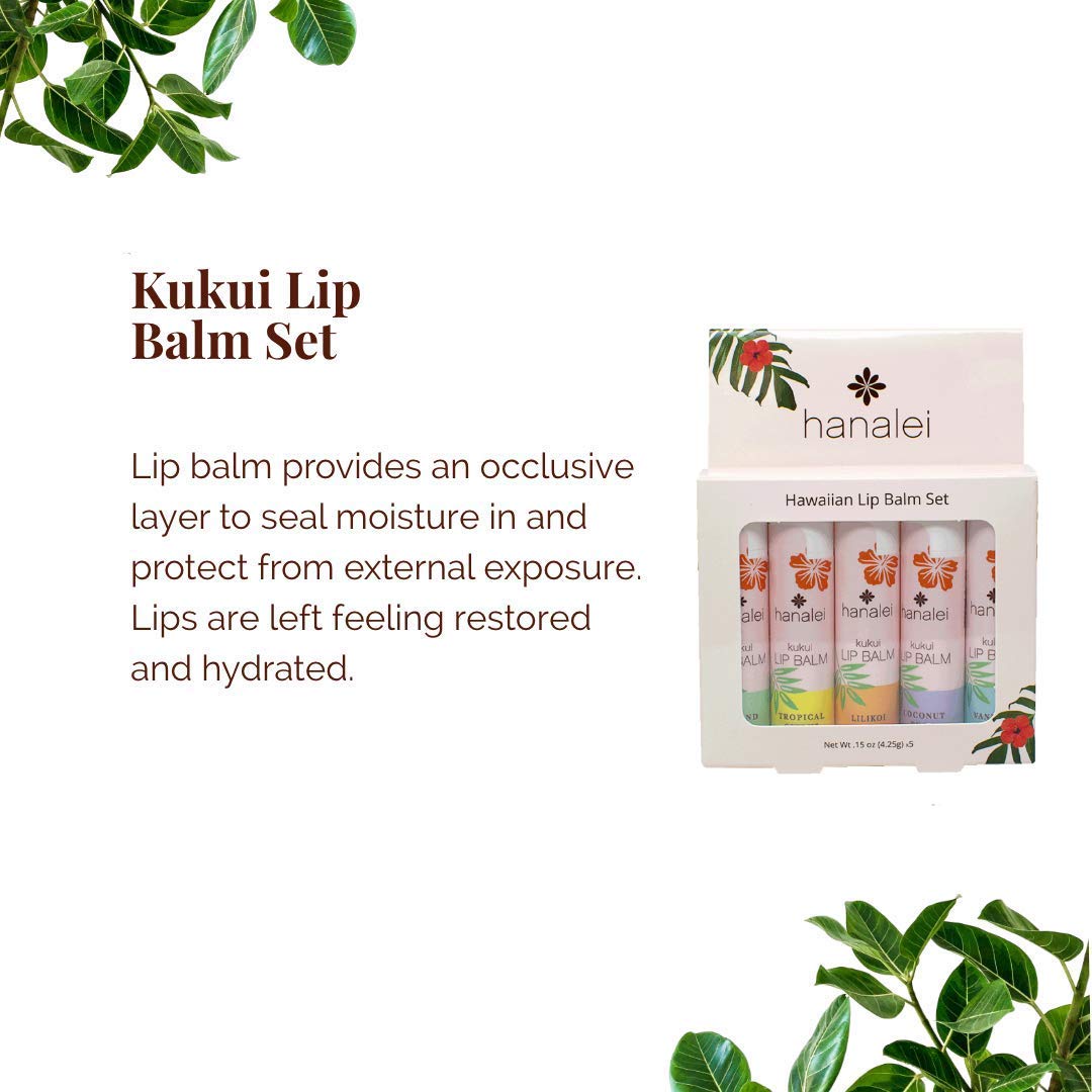 Hanalei Lip Balm & Moisturizer Variety Pack (5 Tubes) – Hydrating Care with Natural Kukui Oil & Beeswax – Soothes, Repairs & Nourishes Dry, Chapped Lips – Long-Lasting Moisture & Protection