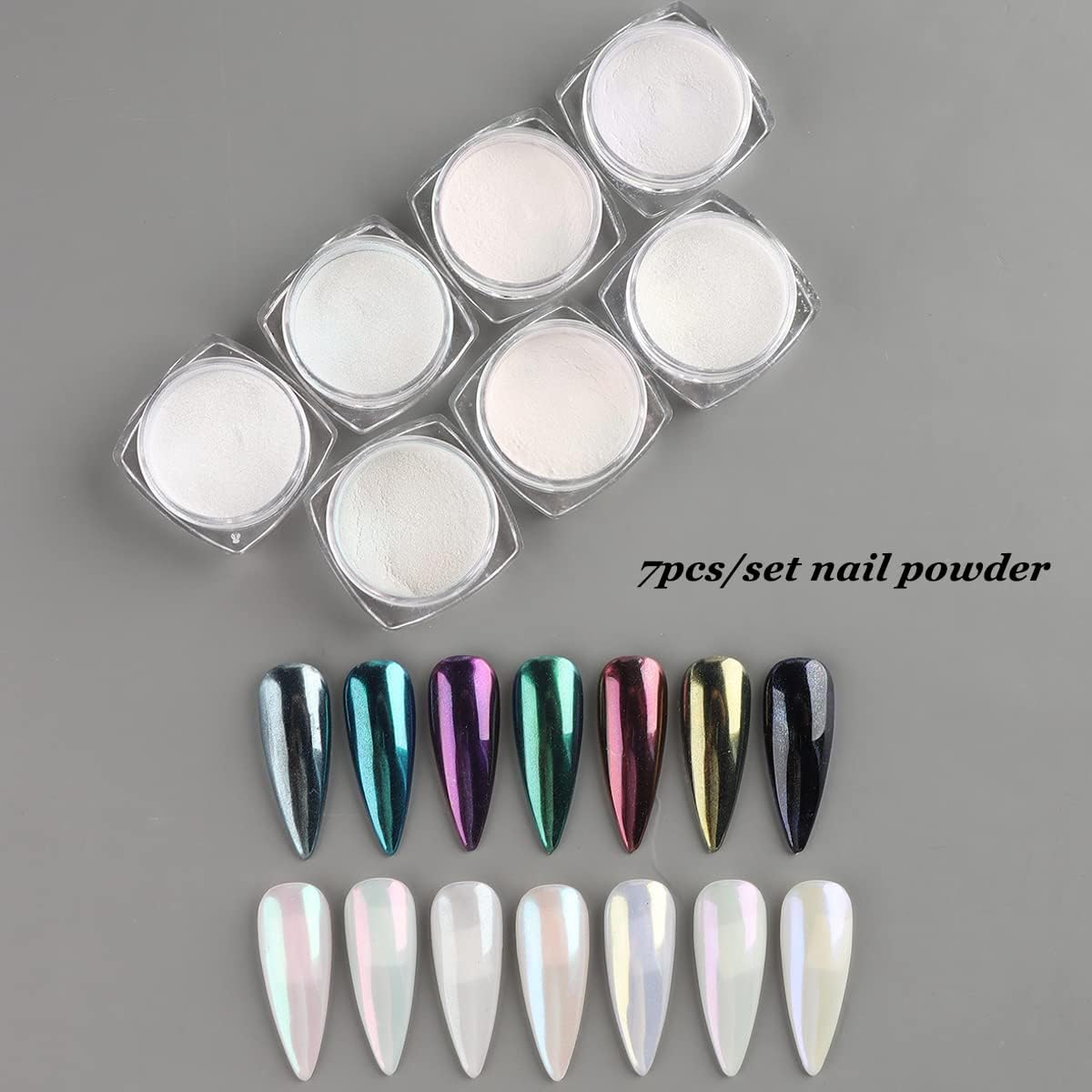 Pearl Chrome Nail Powder Set - 7 Colors Aurora Powder Mermaid Effect for Nails Iridescent Nail Glitter Shimmer White Rubbing Dust Nail Pigment Set Manicure Nail Art Decorations (B01-07)