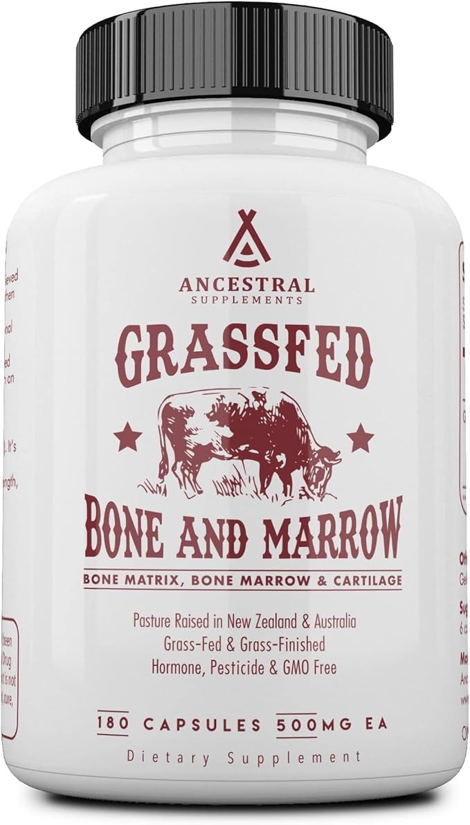 Ancestral Supplements Grass Fed Beef Bone and Marrow Supplement, 3000mg, Skin, Oral Health, and Joint Support Supplement, Promotes Whole-Body Wellness, Non GMO Whole Bone Extract, 180 Capsules