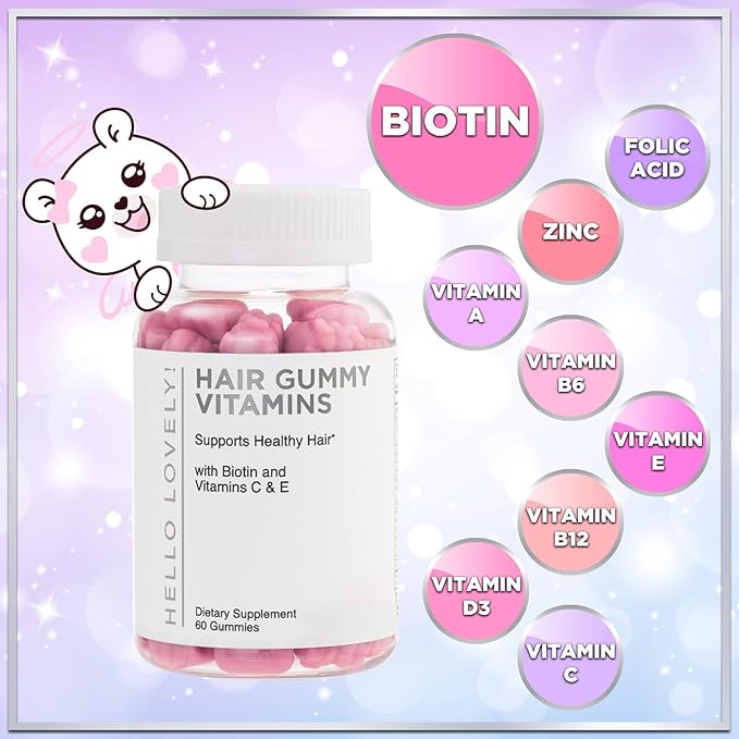 Hello Lovely! Hair Vitamins Gummy with Biotin 5000 mcg Vitamin E & C Support Hair Growth, Premium Vegetarian Non-GMO, for Stronger Beautiful Hair, Skin & Nails Supplement - 60 Bear Gummies