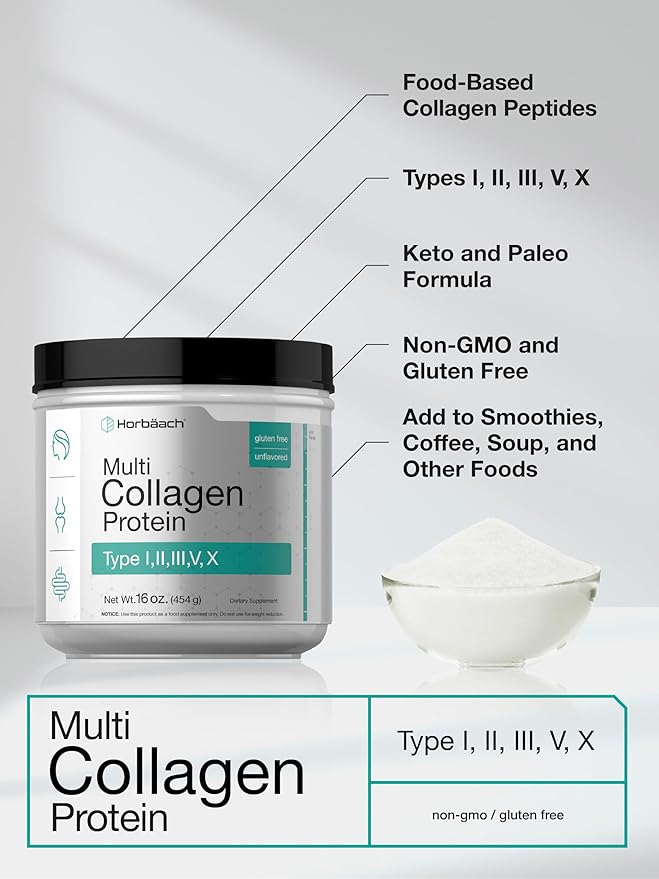 Horbäach Multi Collagen Protein Powder 16 oz | Type I, II, III, V, X | Hydrolyzed Collagen Peptide Powder | Keto & Paleo Friendly | Unflavored & Gluten Free