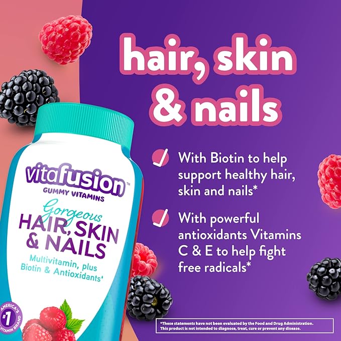Vitafusion Gorgeous Hair, Skin & Nails Multivitamin Plus Biotin and Antioxidant Vitamins C&E, Raspberry Flavor, 135ct (45 Day Supply), from America’s Number One Gummy Vitamin Brand (Pack of 2)