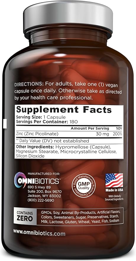Zinc Picolinate 30mg Supplement by OmniBiotics - Zinc 30 mg for Immune System Support, Zinc Supplements for Men & Women - Superior Absorption Zinc Vitamins, Promotes Healthy Skin - 180 Vegan Capsules