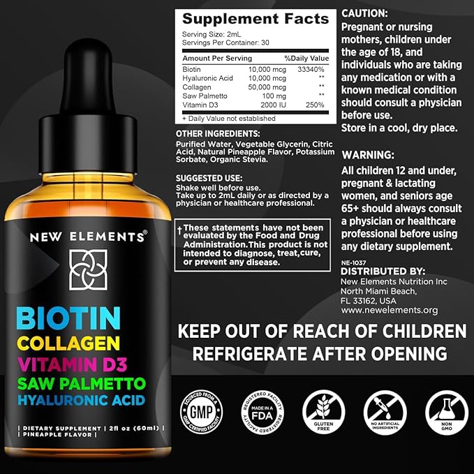 Liquid Biotin Drops with Collagen Vitamin D3 Saw Palmetto & Hyaluronic Acid for Hair Skin and Nails, Hair Growth Supplement for Men & Women | Non-GMO | Gluten-Free