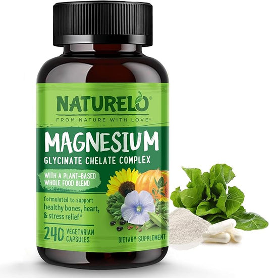 NATURELO Magnesium Glycinate Supplement - 200 mg Glycinate Chelate with Organic Vegetables to Support Sleep, Calm, Muscle Cramp & Stress Relief – Gluten Free, Non GMO - 240 Capsules