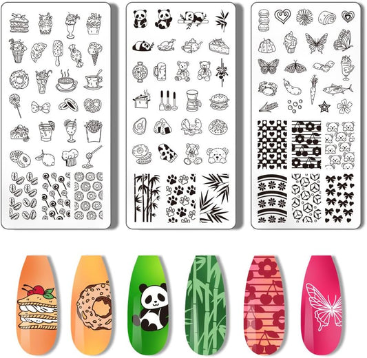 PH PandaHall 3pcs Panda Nail Stamper Food Nail Art Stamping Plate Cake Nail Printing Plate Animal Nail Stencils Print Nail Stencils Stainless Steel Nail Image Plates for Nail Design Manicure Salon