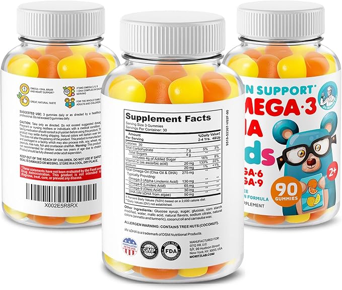 DR. MORITZ Kids Magnesium and Kids Omega 3 Gummies Bundle - Includes Low Sugar Calm Magnesium Gummies for Kids (120 Count, 2 Pack) and Vegetarian Omega 3 Gummies for Kids (90 Count), No Fish Oil