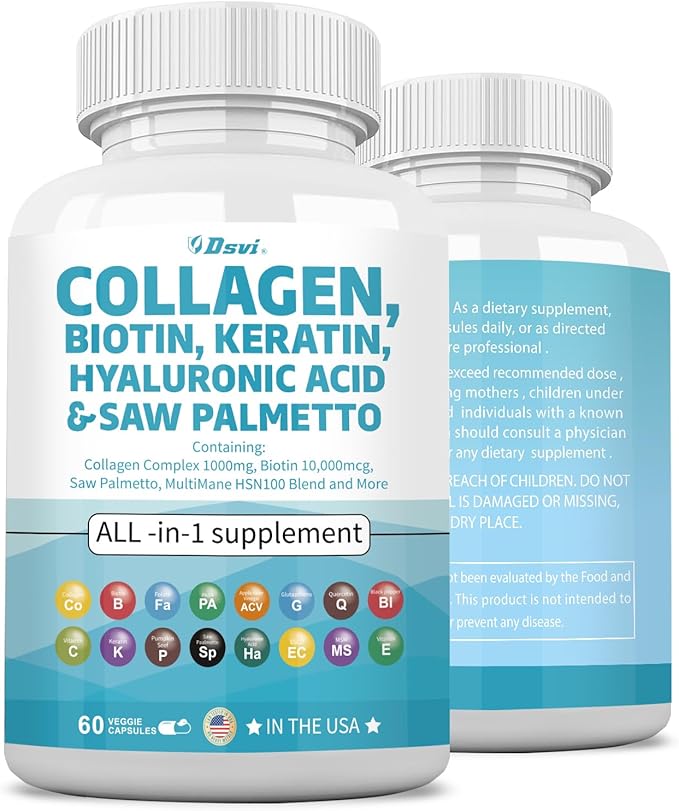 Collagen Pills 1000mg Biotin 10000mcg Keratin Saw Palmetto 2500mg Hyaluronic Acid - Hair Skin and Nails Vitamins and DHT Blocker with Vitamin E Folic Acid Pumpkin Seed MSM for Men and Women,60 Count