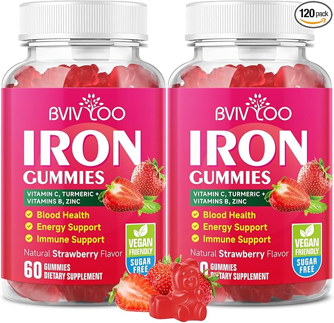 2 Pack Vegan Iron Gummies for Adults & Kids - with Vitamin C, A, B-Complex, Folate, Zinc, and Biotin - for Blood Building & Energy Support, 120 Gummies