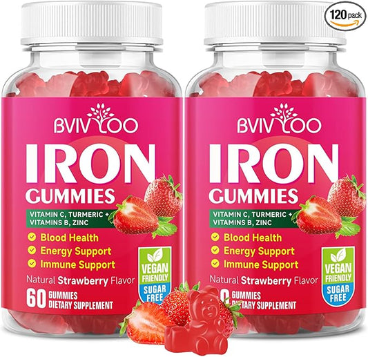 2 Pack Vegan Iron Gummies for Adults & Kids - with Vitamin C, A, B-Complex, Folate, Zinc, and Biotin - for Blood Building & Energy Support, 120 Gummies