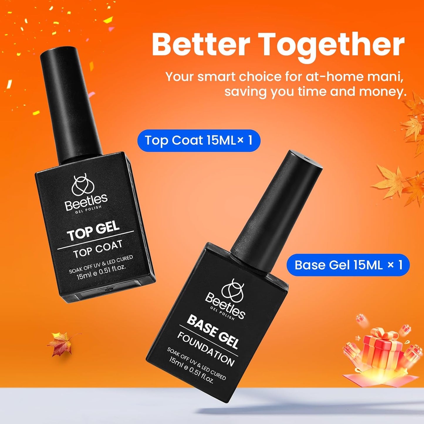 Beetles No Wipe Gel Top Coat and Base Coat Set for Gel Polish - 2Pcs 15ml Super Shiny and Long Lasting Soak Off UV/LED Lamp Needed, Halloween Fall Nail Art Design Gift