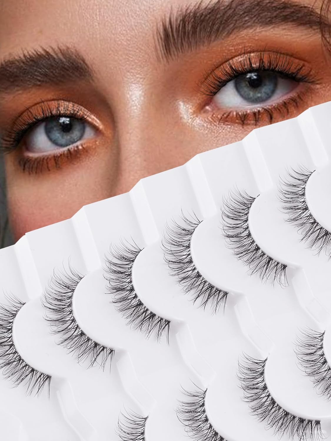Natural Lashes False Eyelashes 12 MM Short Lashes WIspy 3D Volume Fake Eyelashes Pack C Curl Soft Eye Lash with Thin Cotton Band 7 Pair False Lashes Siligli