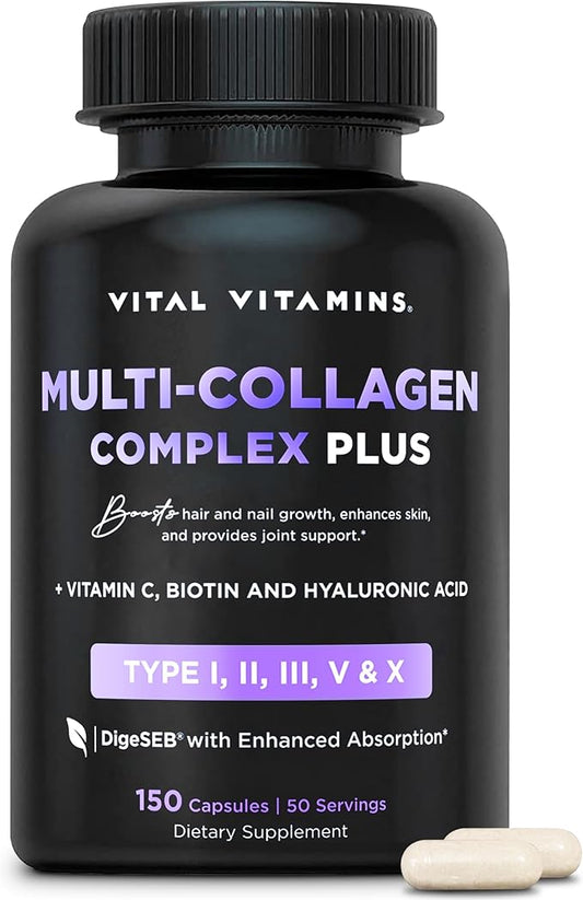 Vital Vitamins Multi Collagen Plus - Biotin, Hyaluronic Acid, Vitamin C - Multi Collagen Complex for Women & Men - Hair Growth Support Supplement - Skin, Nails Beauty Complex - 150 Pills