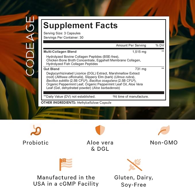 Codeage Multi Collagen + Gut Blend Supplement - Digestive Probiotics, DGL Licorice, Aloe Vera, Organic Peppermint Leaf, Slippery Elm - Hydrolyzed Bovine Collagen Pills - Non-GMO - 90 Capsules