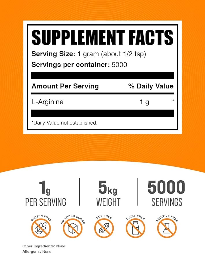BulkSupplements.com L-Arginine Powder - Arginine 1000mg, Arginine Supplement - Nitric Oxide Supplement, Unflavored & Gluten Free, 1000mg per Serving, 5kg (11 lbs) (Pack of 5)