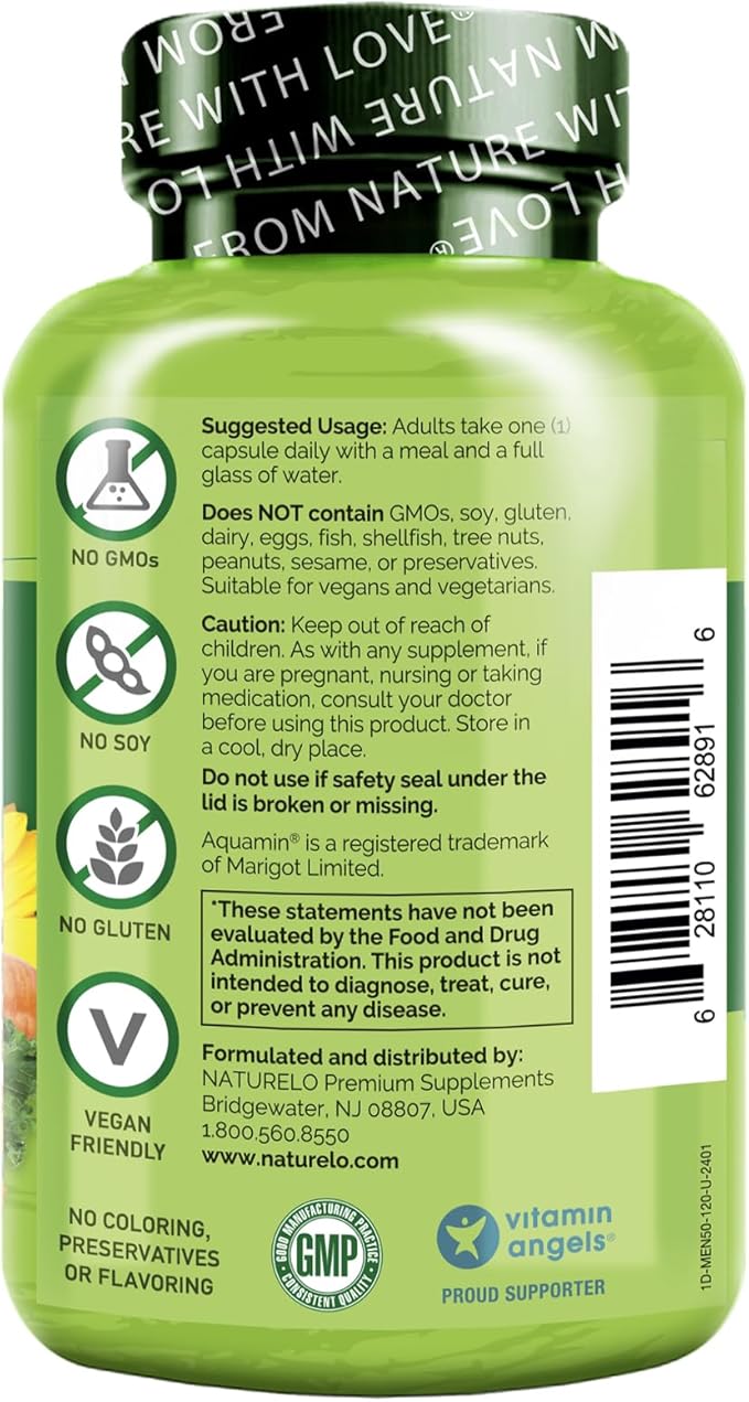 NATURELO Mens Multivitamins for Men 50+ - One Daily Multivitamin for Men with Vitamins, Minerals & Organic Whole Foods, Boost Energy & Health, Non-GMO, 120 Vegetarian Capsules