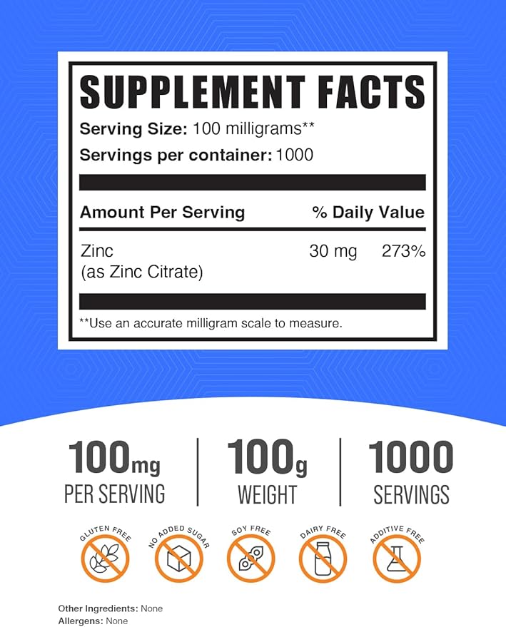 BulkSupplements.com Zinc Citrate Powder - Zinc Supplements, Zinc 30mg - Pure Zinc Citrate for Immune Support - Gluten Free, 100mg per Serving, 100g (3.5 oz) (Pack of 1)