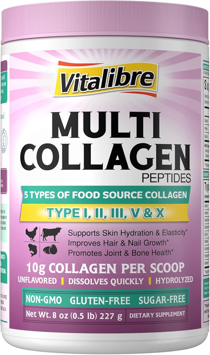 Multi Collagen Peptides Powder Type I II III V X, Hydrolyzed Collagen Protein for Women and Men, Skin, Hair, Nails and Joints, Unflavored, Non-GMO, Keto & GF, Zero Sugar, 22 Servings, 8oz