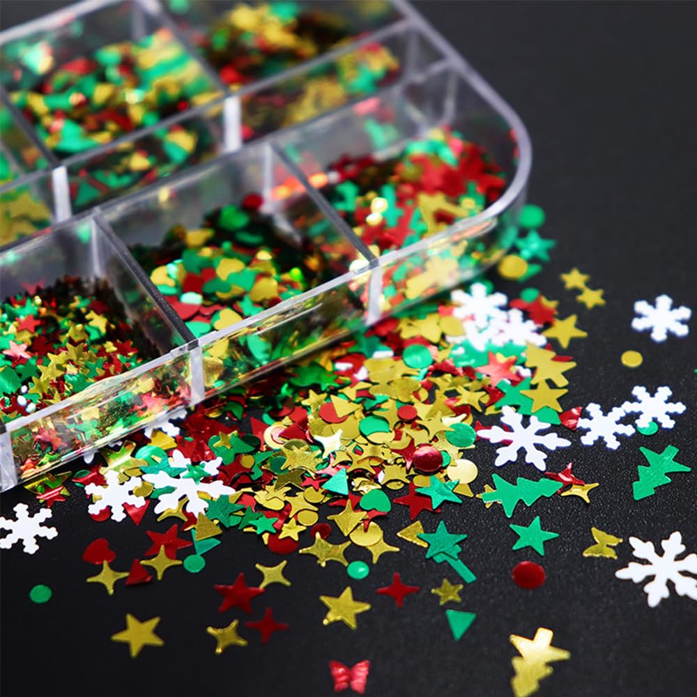 12 Grids Christmas Nail Art Sequins 3D Holographic Laser Snowflake Star Butterfly Winter Holiday Nail Glitters Red Green White Gold Nail Sparkly Flakes Nail Charms for DIY Christmas Nail Designs