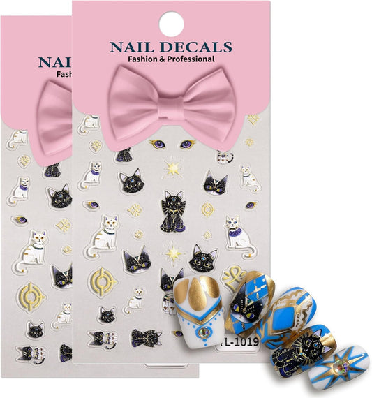 5D Egyptian Cat Nail Art Stickers, Embossed Nail Decals Supplies Self Adhesive Nails Sticker DIY Acrylic Nail Accessories - 2 Sheets