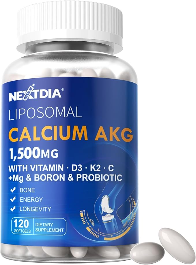 Liposomal Calcium AKG Supplement 1500mg with Vitamin D3 & K2 Softgels for Women & Men, Calcium Supplement with Magnesium Glycinate, Boron, Probiotics & Vitamin C for Bone Health & Energy - 120Cts