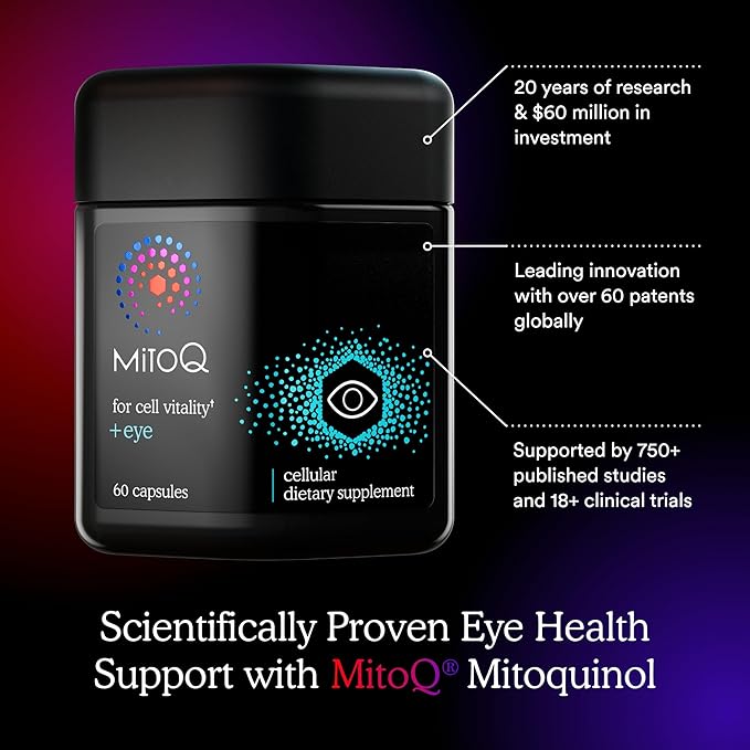 MitoQ +Eye Advanced CoQ10 Antioxidant - Contains Mitoquinol Mesylate, Lutein, Zeaxanthin, Bilberry, Maritime Pine Bark - Supports Eye Health, Blue Light Filtration & Cell Vitality (60 Capsules)