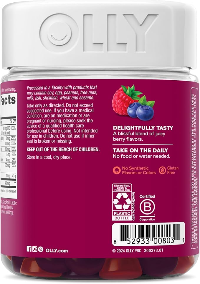 OLLY Women's Multivitamin Gummy, Vitamins A, D, C, E, Biotin, Folic Acid, Adult Chewable Vitamin, Berry Flavor, 65 Day Supply - 130 Count (Packaging May Vary)