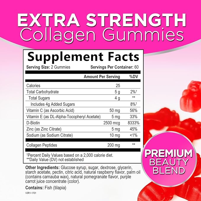 Collagen Peptides for Women - Collagen Gummy with Biotin for Hair, Skin, Nail, Bone & Joint Support, Extra Strength Hydrolyzed Collagen Peptides Supplement for Women & Men, Non-GMO - 120 Gummies