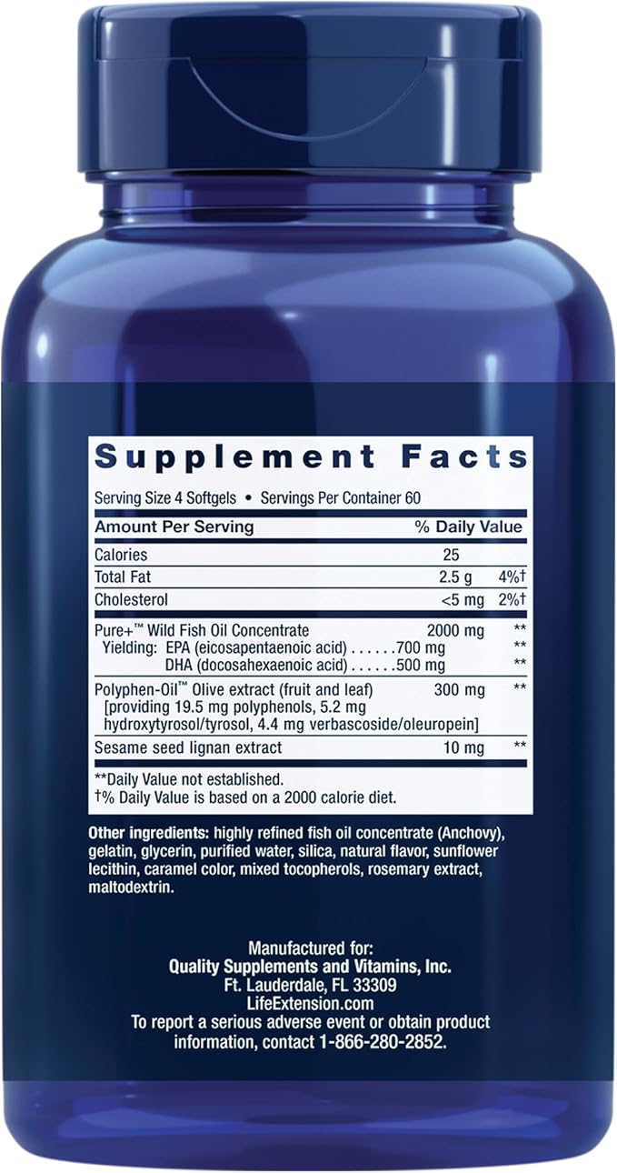 Life Extension Super Omega-3 EPA/DHA Fish Oil, Sesame Lignans & Olive Extract - Omega 3 Supplement - for Heart Health and Brain Support - Gluten Free, Non-GMO - 240 Easy-to-Swallow Softgels