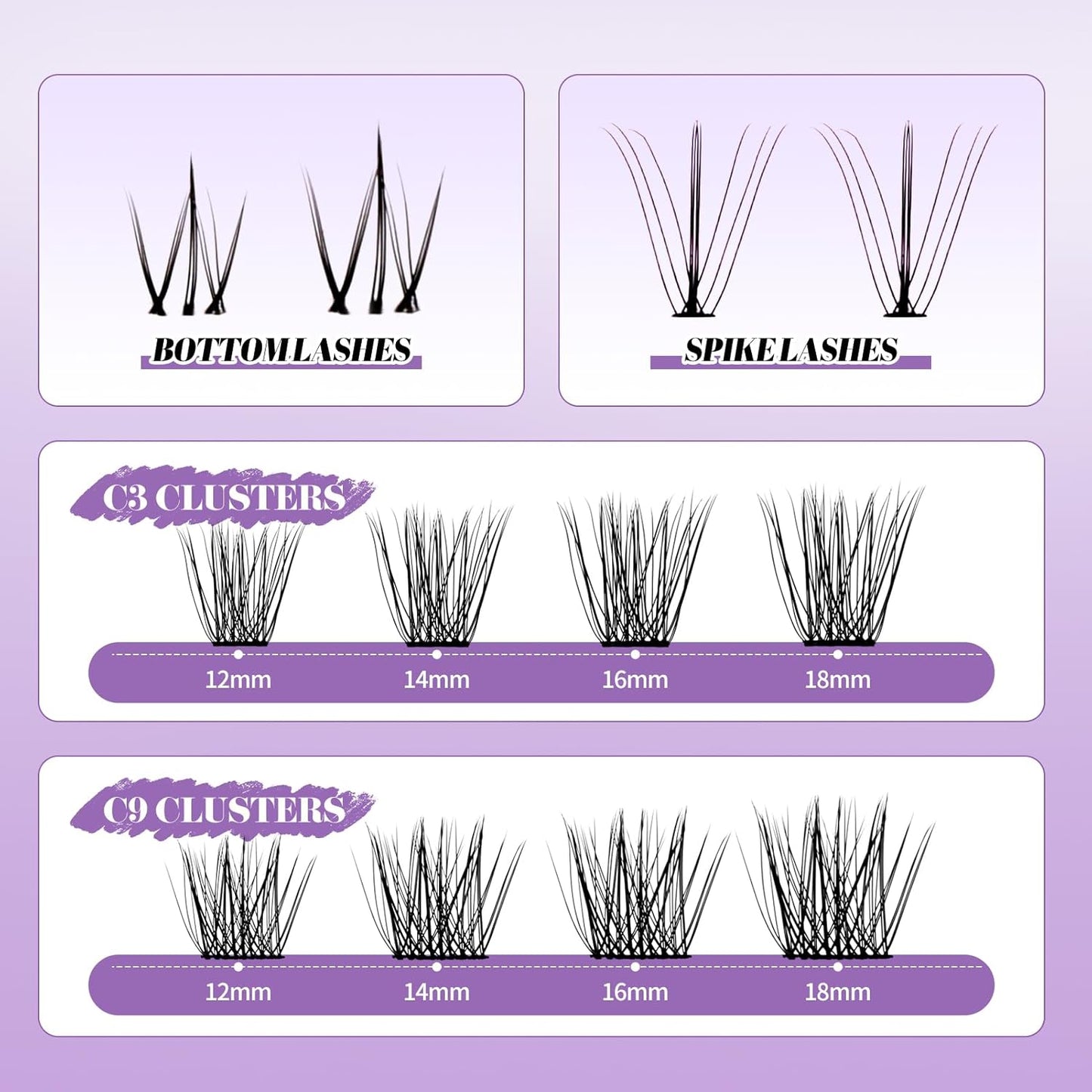 DIY Individual Lash Extensions Eyelashes Cluster Lashes 12-18 mixed D Curl Cluster Lash Nature Look Soft Wispy Cluster Eyelash Extensions（C3+C9-07-1218）