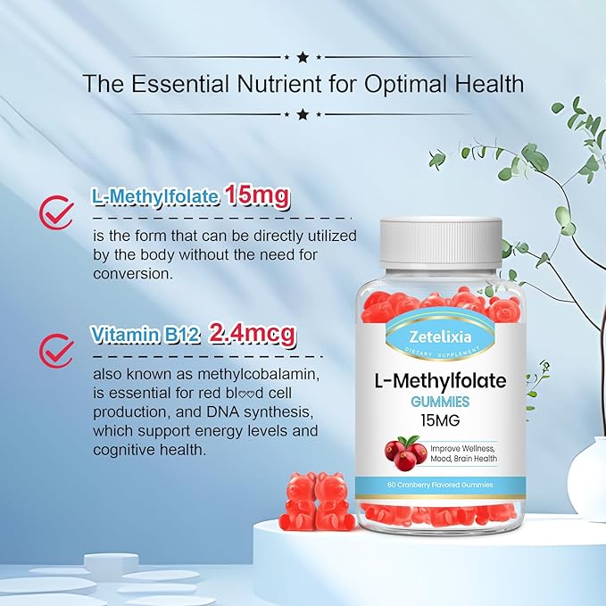 L-Methylfolate 15mg Gummies, Methylated Multivitamin with Methylated B12, Active 5-MTHF Form, Supports MTHFR Mutation, Methylation, Mood & Cognition, Vegan, Cranberry Flavor, 60 Cts