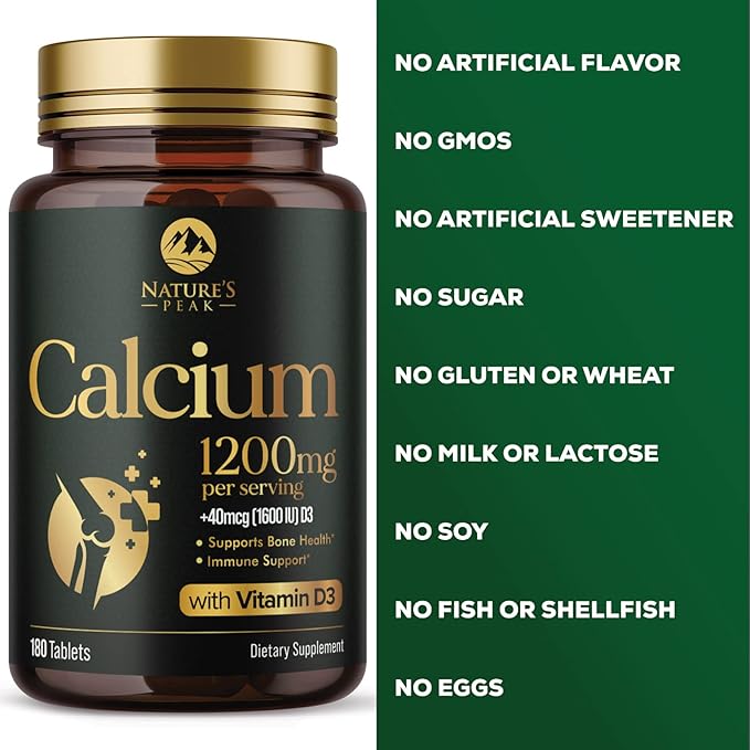 Calcium 1200 mg with Vitamin D3, Calcium Supplement Vitamins, Bone, Teeth & Immune Health Support, Calcium Supplements with D for Women & Men, Nature's Absorbable Calcium Carbonate - 180 Tablets