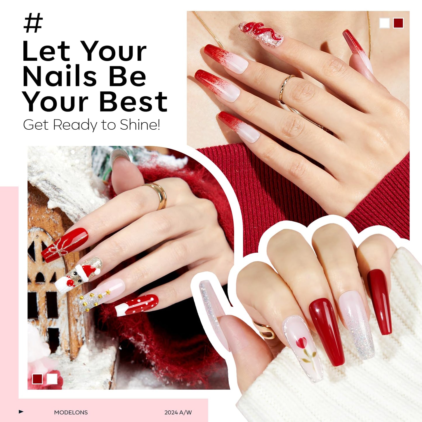 modelones Red Gel Nail Polish Set 6 Colors, 2025 Fall Winter White Glitter Sparkle Bright Burgundy Dark Rose Champagne Silver Candy Cane Nail Polish Kit Soak Off Nail Art Salon DIY Gift Women