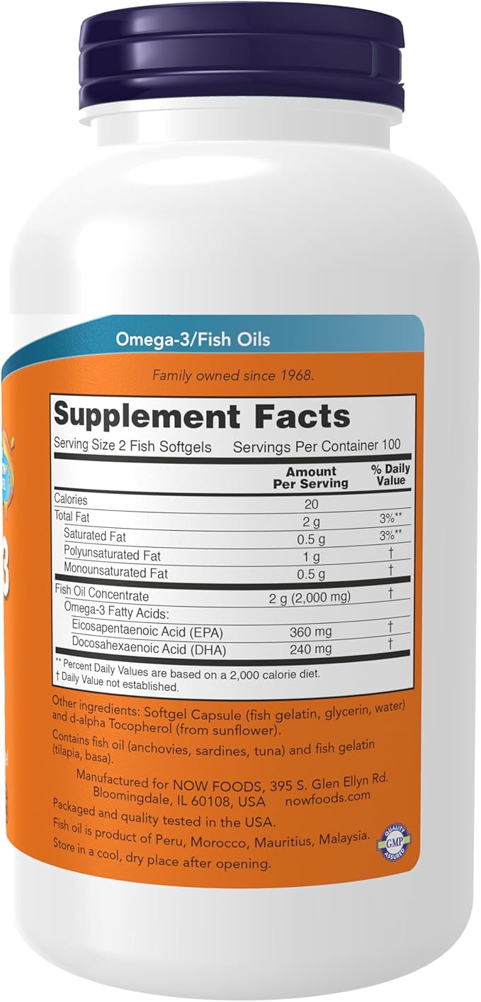 NOW Foods Supplements, Omega-3 180 EPA / 120 DHA, Molecularly Distilled, Cardiovascular Support*, 200-Fish Gelatin Softgels,Packaging may vary