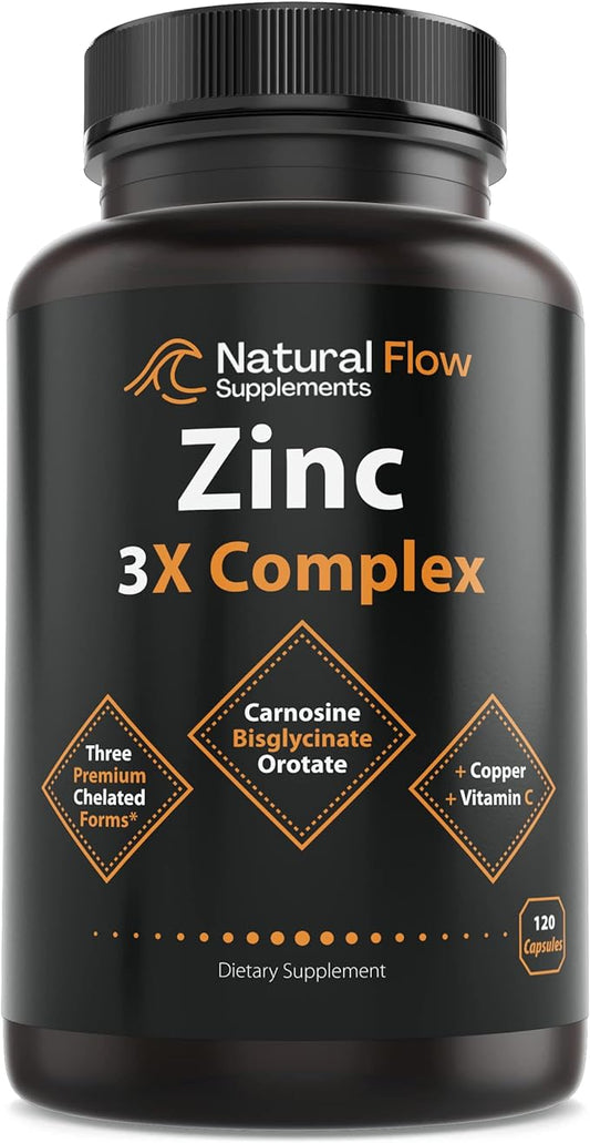 Zinc Supplement Complex with Copper and Vitamin C - Natural Flow 3X Zinc Carnosine, Bisglycinate Chelate, and Orotate, Chelated Zinc Copper, Easy on The Stomach, Skin and Immune Support, 120 Capsules